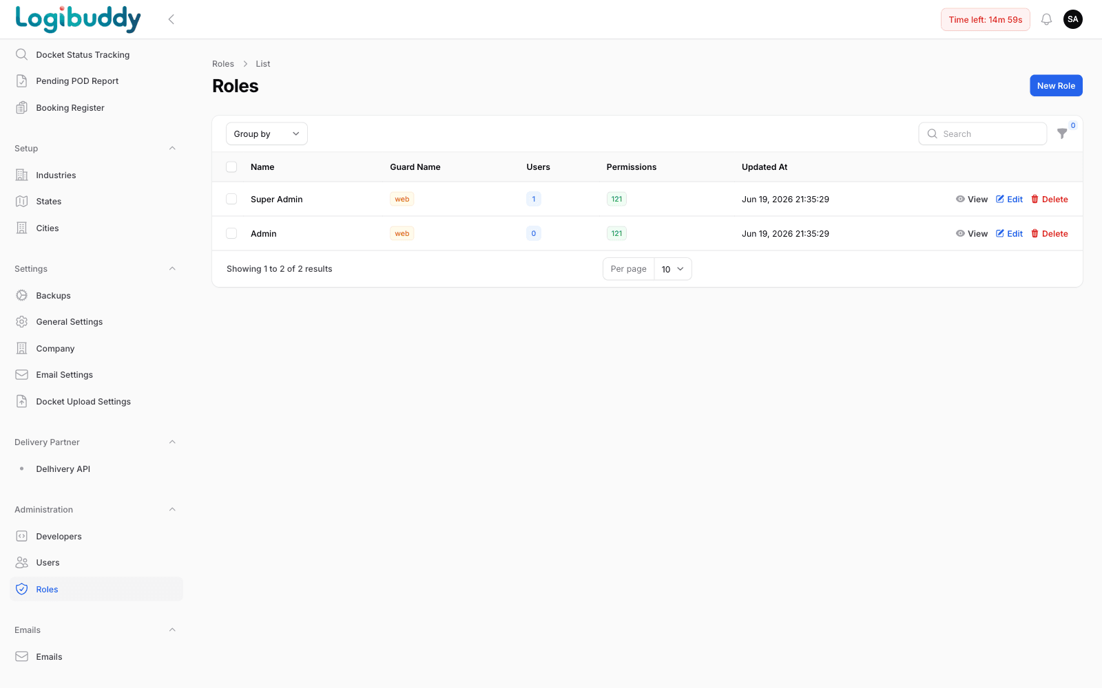 Roles list with guard name, user count and permission count